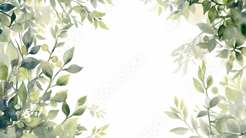 Botanical watercolor painting frame. Abstract border with green leaves and branches on white background.