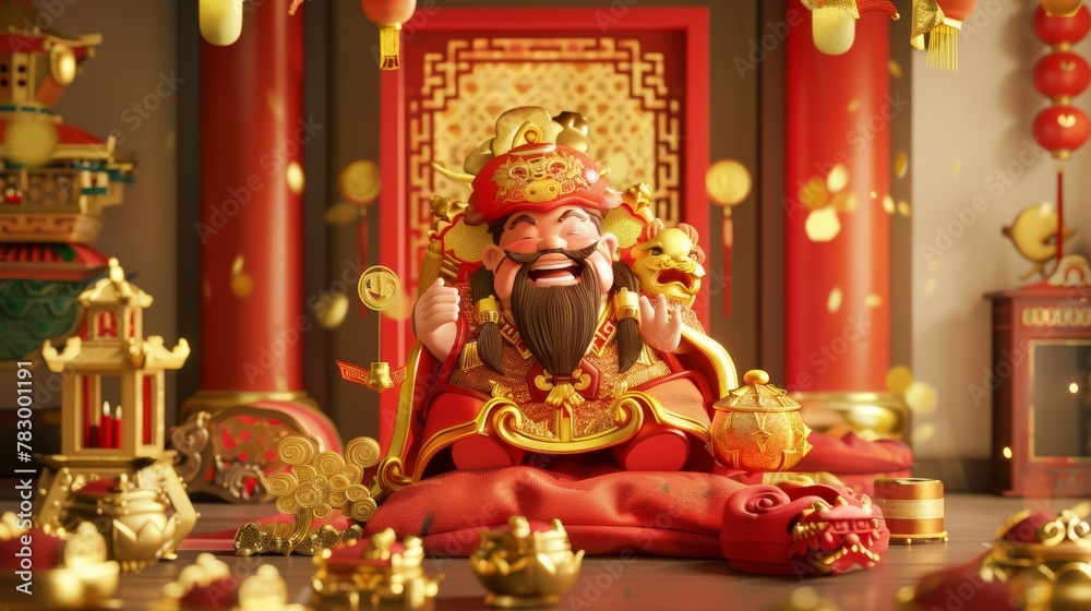 Poster with God of Wealth in a room with golden runway, red door, and decorations, lying on red cushion holding gold ingot. Text: Bringing wealth and treasure. Fifth day of Chinese New Year.