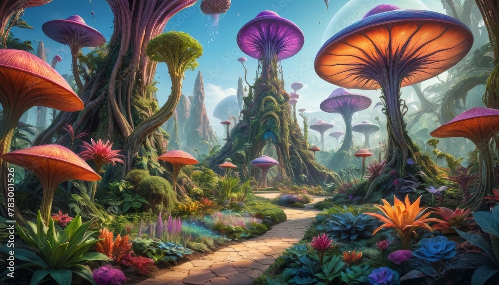 An imaginative depiction of a fantastical valley with towering mushrooms and vibrant flora. This image encapsulates a whimsical journey through an otherworldly landscape.. AI Generation