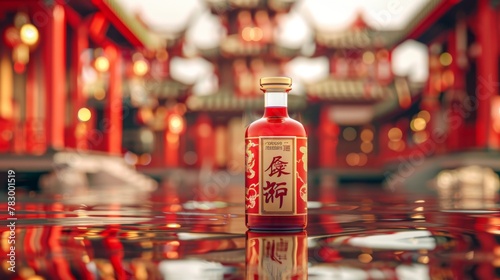A 3D exquisite liquor bottle floats on water. Traditional Chinese structure background. Text: Centuries of tradition. Premium liquor. Traditional liquor.