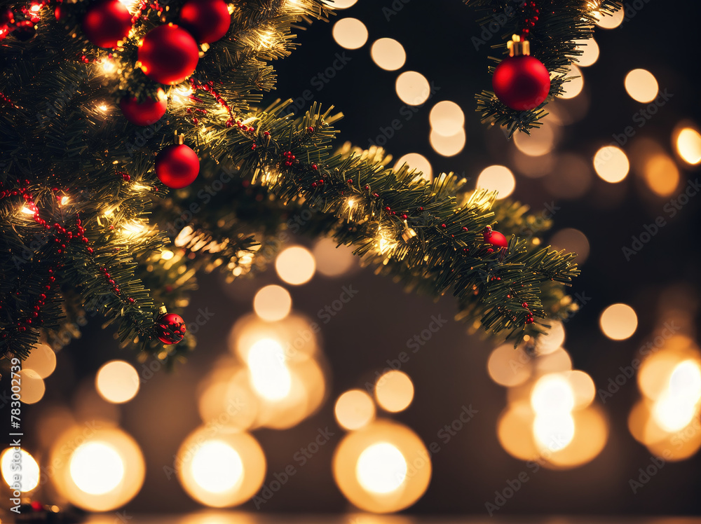 A Christmas tree with red and green lights hanging from its branches. A Christmas tree with red and green lights hanging from its branches.
