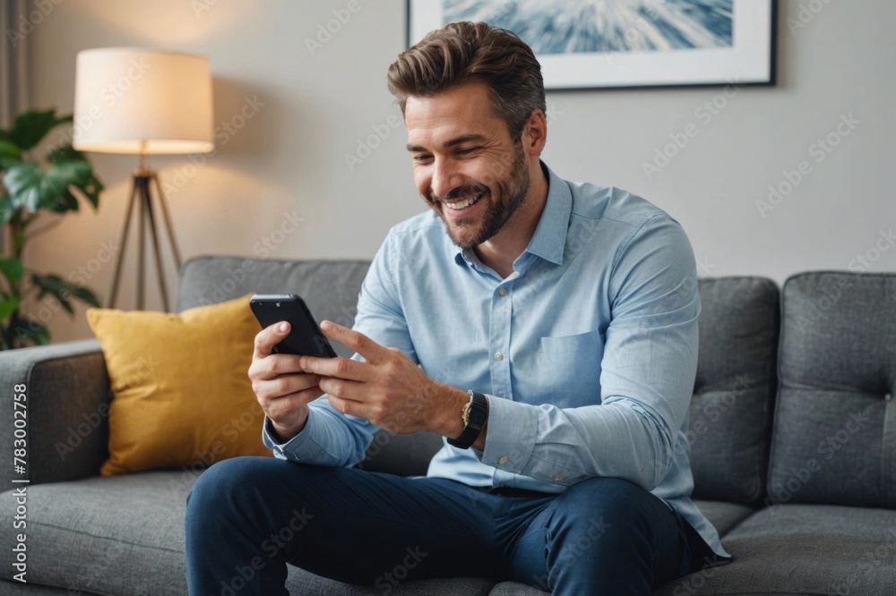 Smiling businessman looking at smart phone while sitting on carpet against sofa in office