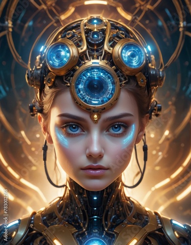 An ultra-realistic portrait of a female android with elaborate cybernetic headgear, glowing blue eyes, and a futuristic golden aura