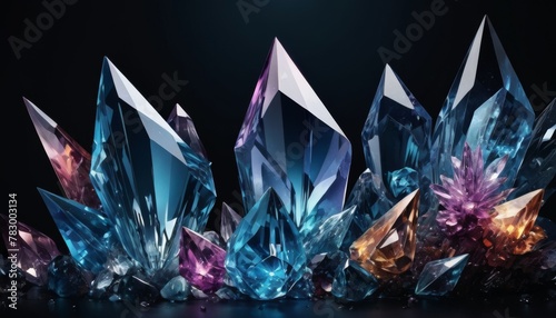 A striking digital artwork of sharp crystal formations in varying shades of blue and purple against a dark background, portraying depth and brilliance.. AI Generation photo