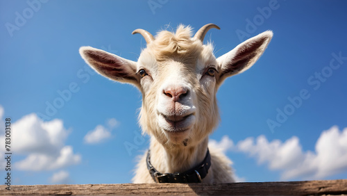 Low angle view of white goat against blue sky  photo