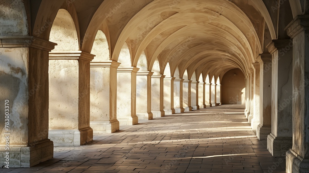 Obraz premium Arches architectual long hallway, catholicism spirituality culture abbey gothic style