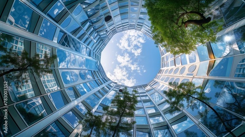 Atrium architectual circular building with trees in sky, steel reflection construction industry