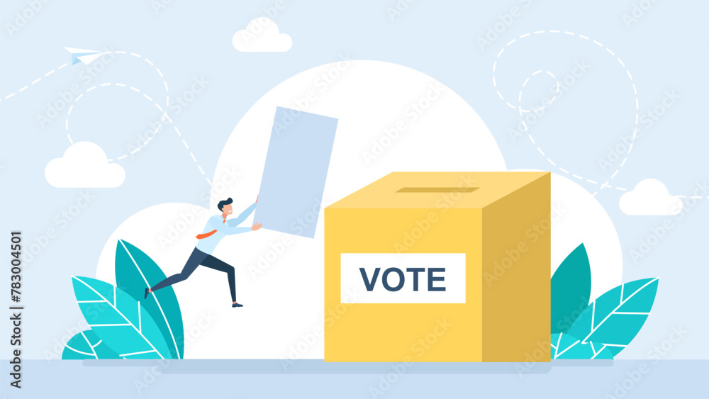 Vote ballot box. Man puts pepper vote into the box. Person gives online vote. Election. Democracy, Freedom of speech, justice voting and opinion. Referendum and poll choice event. Vector illustration