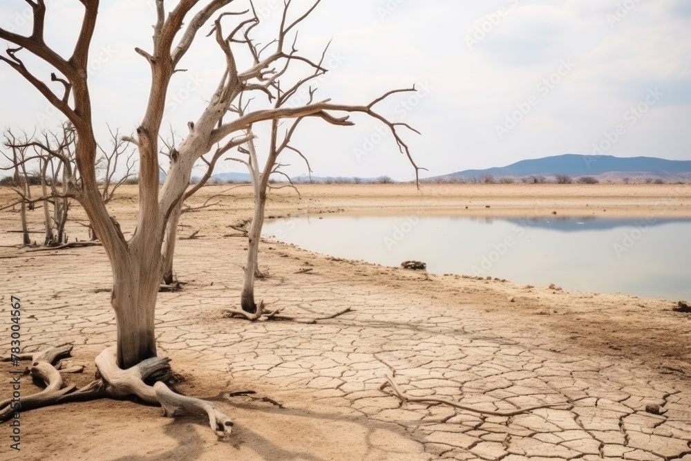 A stark landscape featuring a dry lakebed surrounded by dead trees under a hazy sky, indicative of drought conditions. Dry Lakebed and Dead Trees Landscape A stark landscape featuring a dry lakebed surrounded by dead trees under a hazy sky, indicative of drought conditions. Dry Lakebed and Dead Trees Landscape