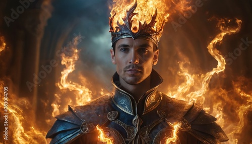 A noble king with a glowing crown of fire poses regally, surrounded by magical flames in a mystical setting.