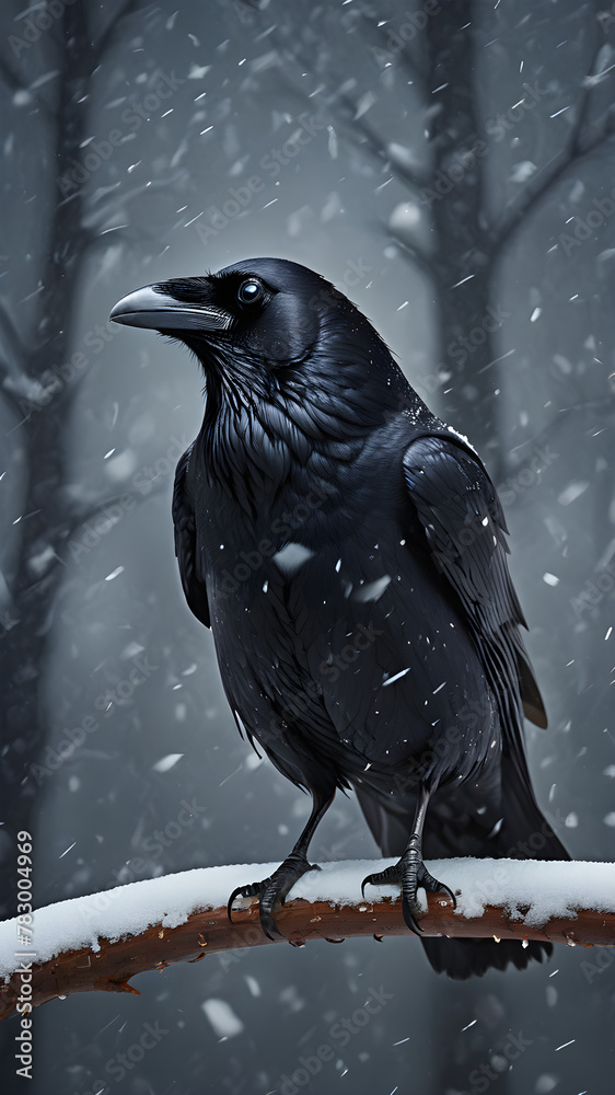 Fototapeta premium The image could be named Black crow and white raven perched on a snowy branch