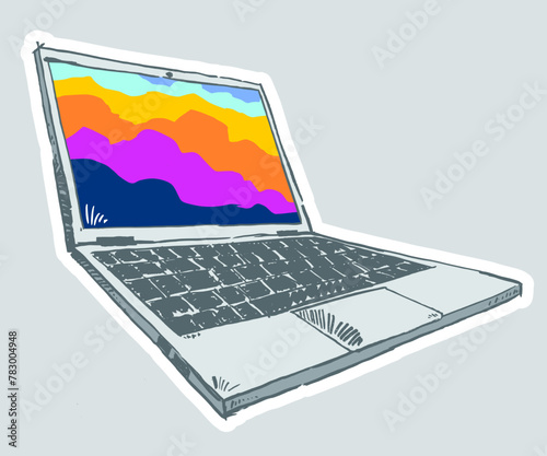 Laptop with colorful display in ink drawing style, low angle, surrounded by white space on light color background. Computer technology concept.