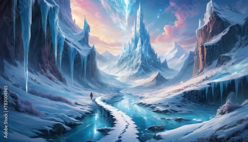 A breathtaking icy landscape featuring crystal spires and a snaking frozen river against a backdrop of distant mountains under a soft glow.. AI Generation