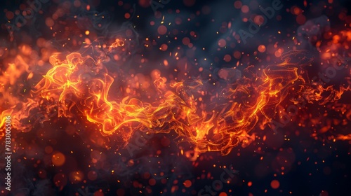 The image shows a 3D illustration of orange tone fire flames and sparks on a dark background. photo