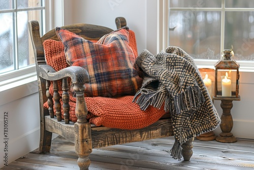 An inviting wooden rocking chair adorned with plaid cushions and a warm throw blanket beside candles, suggesting comfort and warmth photo