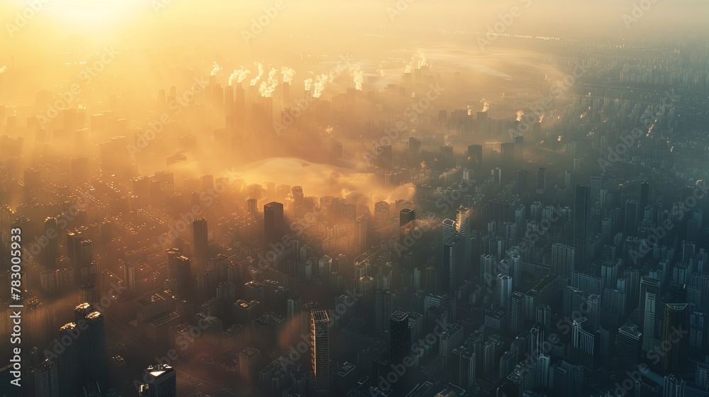 A panoramic view of a metropolis, its air thick with smog, reflecting urban environmental woes