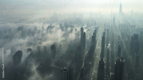 A panoramic view of a metropolis  its air thick with smog  reflecting urban environmental woes