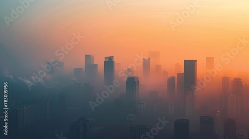A skyline choked by air pollution, with just the outline of skyscrapers visible through the haze © pornchan