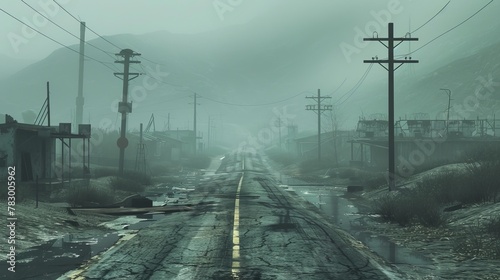 A solitary road winding through a ghost town, with mist and pollution hanging low