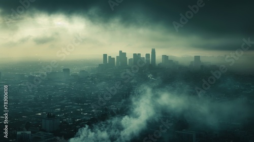 Dark clouds of smog looming over a crowded urban landscape  hinting at an ominous air quality