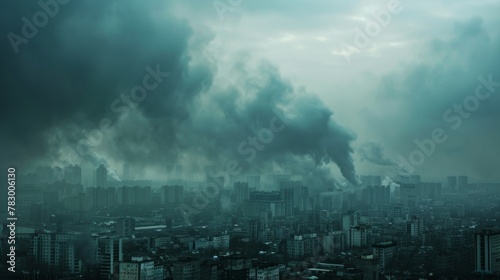 Dark clouds of smog looming over a crowded urban landscape, hinting at an ominous air quality