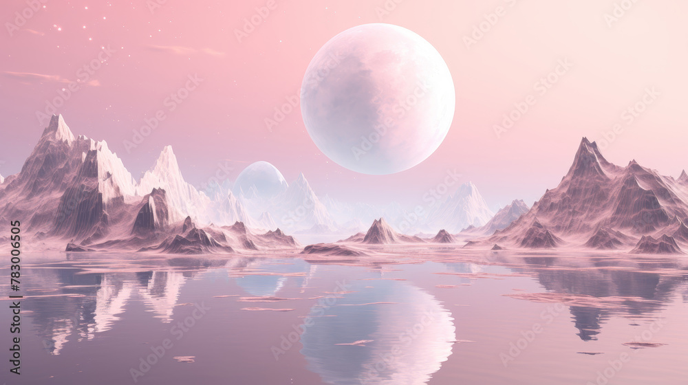Beautiful pink and white landscape with a large white moon in the sky Beautiful pink and white landscape with a large white moon in the sky