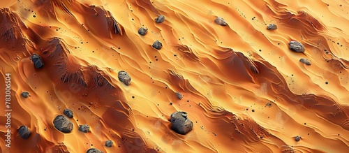 Rocky desert terrain with scattered rocks and grains of sand under a clear sky photo