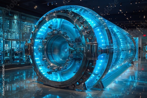 The blue lighting adds an aura of high-tech security to the vast bank vault displayed in a museum exhibition