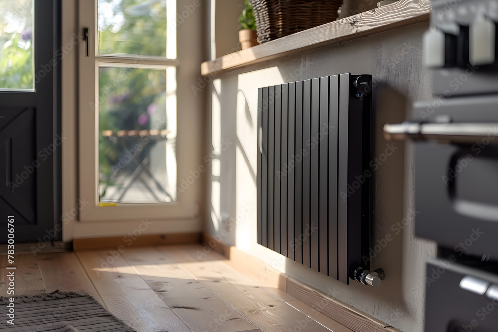Fototapeta premium Black radiator battery heating on the wall. Home heater convector isolated. Heating convector