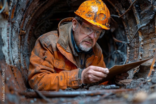 An industrial worker in an orange safety suit inspects the interior of a large pipeline, clipboard in hand