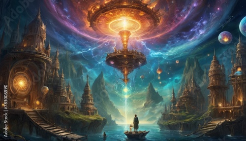 A breathtaking fantasy city floats above a mystical landscape, with radiant light sources and surreal floating orbs enhancing the magical ambiance. A lone figure in a boat observes in awe.. AI photo