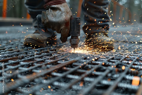 A close-up depiction of a worker operating a grinder on steel rebars