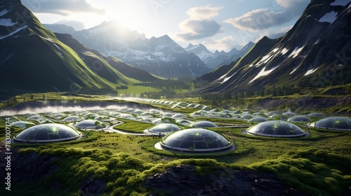 A mountain range with a large number of domes in the foreground