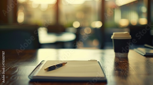 Shot of corporate event table with pen, notepad, and a vacant card for attendees names