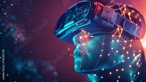 Teenager wearing virtual reality glasses on abstract digital background. VR, AR, Gaming and futuristic entertainment concept. Ai generated. photo