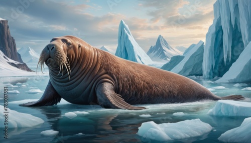 An imposing walrus lies atop a melting ice floe, its tusks and whiskers prominent against a backdrop of towering icebergs and a serene polar landscape.. AI Generation