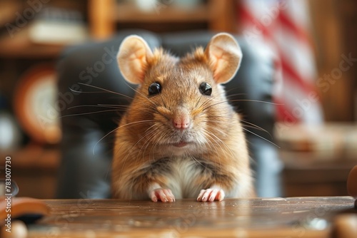 A charming close-up of a rat dressed in business attire, pretending to be a professional human