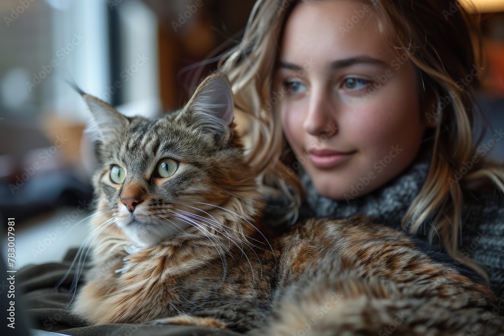 A captivating close-up of a woman embracing a Maine Coon cat, their faces close together in a shared moment