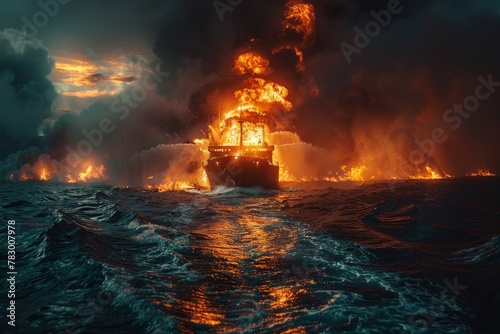 A dramatic image capturing catastrophic explosion engulfing a large ship at sea, surrounded by waves photo