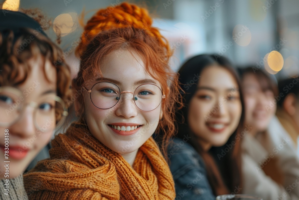 A cheerful redhead young woman in glasses taking a selfie with friends, embodying youth and camaraderie
