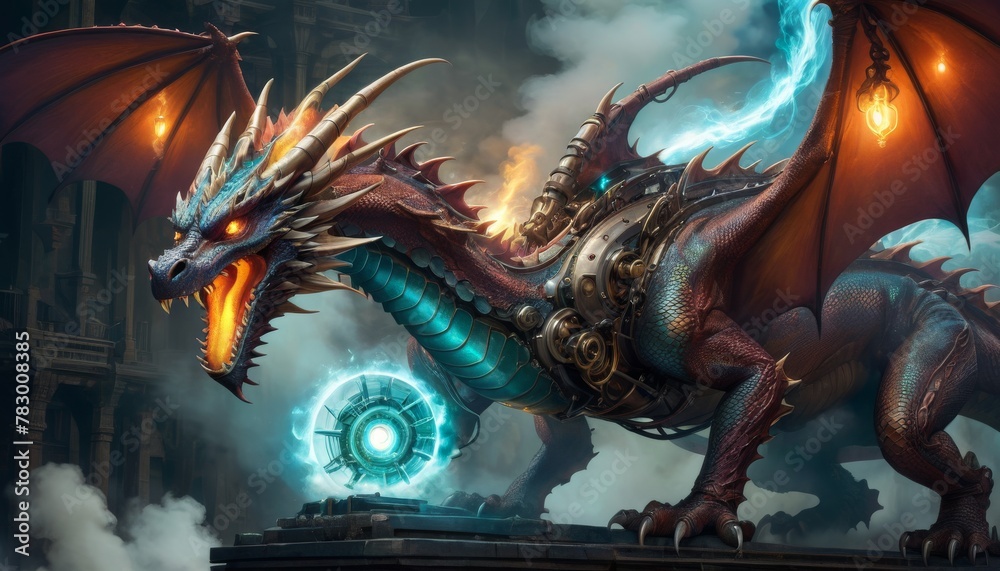 A majestic mechanical dragon with copper scales and expansive wings overlooks a mystical glowing orb amidst a steam-filled gothic architecture setting.. AI Generation