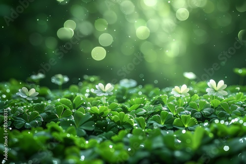 Lively scene of clover leaves with a radiant glow, simulating the sun's rays hitting the dew, enhancing the image's vividness and liveliness