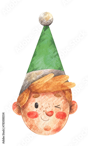 Christmas elf in green hat. Watercolor illustration. New Year and Christmas hand-drawn greeting card.