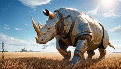 A powerful, armored rhinoceros stands under a bright sun in a golden wheat field, a blend of nature and fantasy. © video rost
