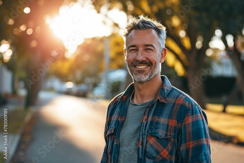Handsome middle-aged man smiling and looking at camera in a park.