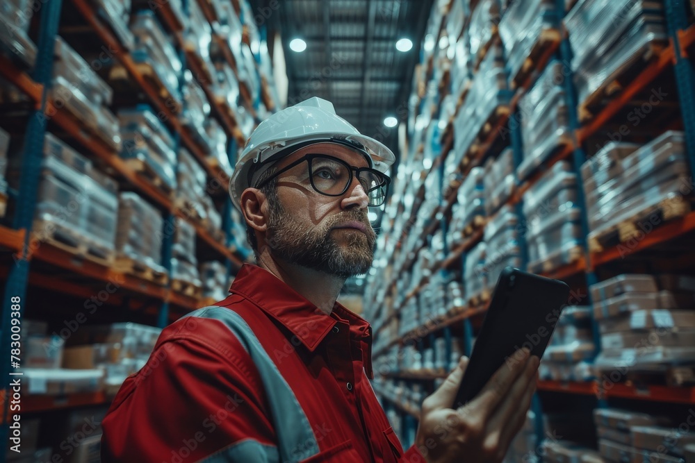 A warehouse worker with a hard hat and red overalls is examining stock levels on a tablet amidst the aisles