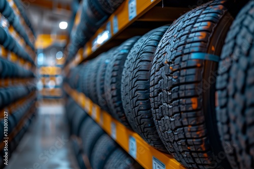 A well-organized warehouse aisle displaying a variety of different tread pattern tires lined on shelves