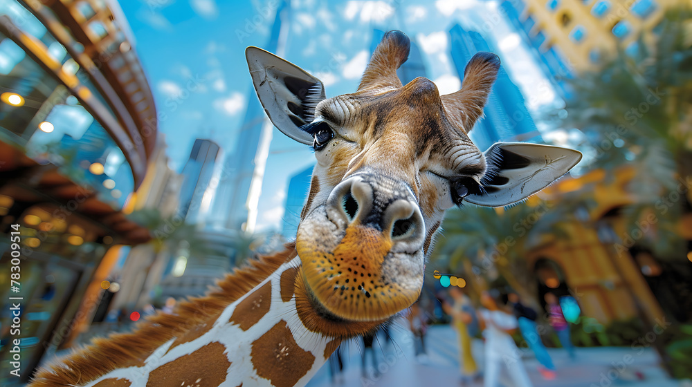 A giraffe photographed with a smartphone near the Dubai fountain