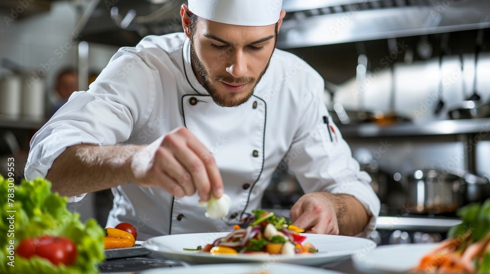 A chef in a professional kitchen meticulously adding the final touches to an elegant gourmet dish with fresh ingredients. A chef in a professional kitchen meticulously adding the final touches to an elegant gourmet dish with fresh ingredients.