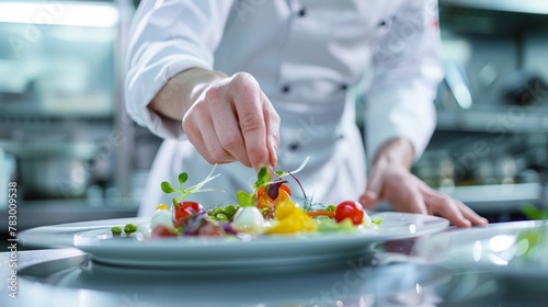 A chef in a professional kitchen meticulously adding the final touches to an elegant gourmet dish with fresh ingredients.